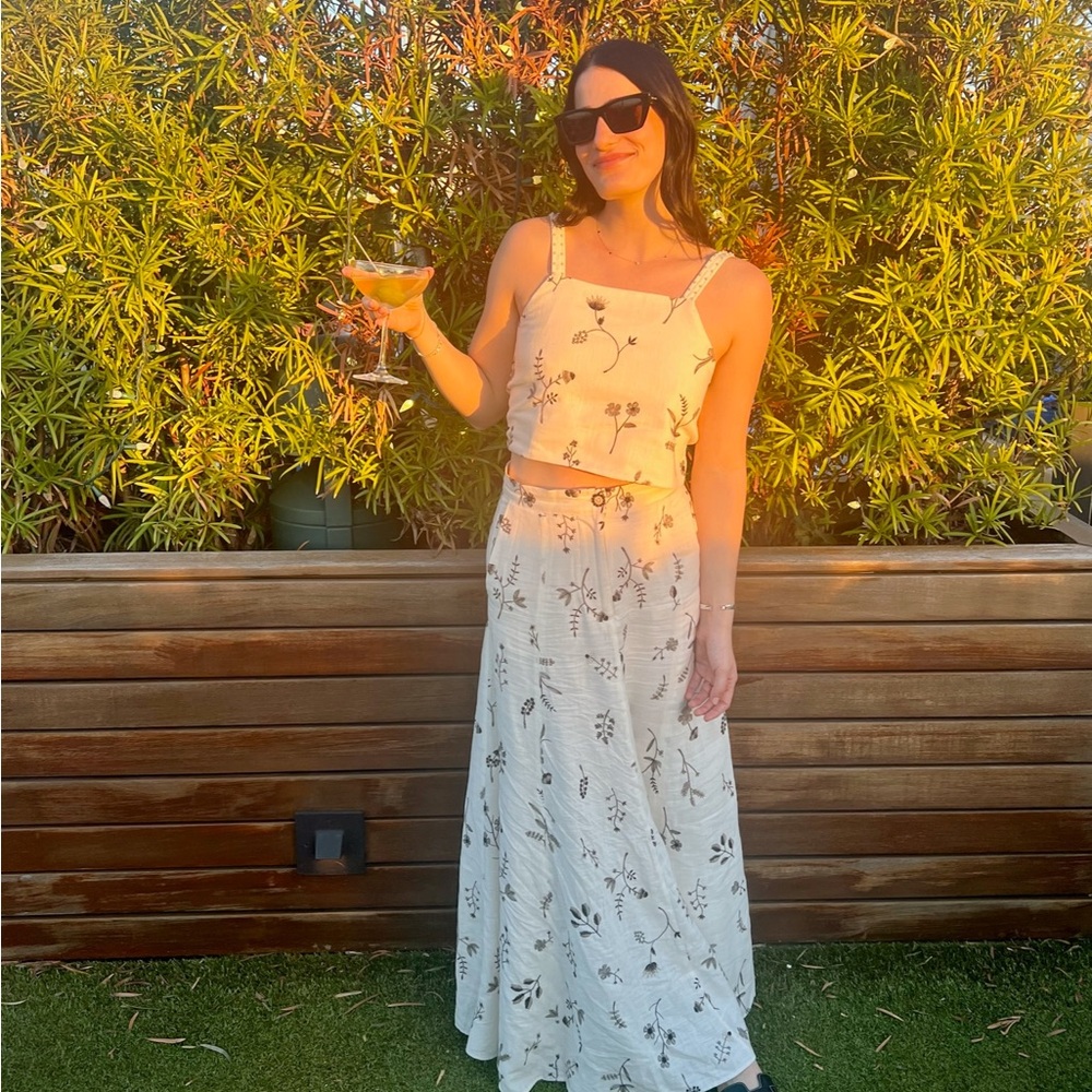 Zara embroidered linen blend top in cream with black floral pattern